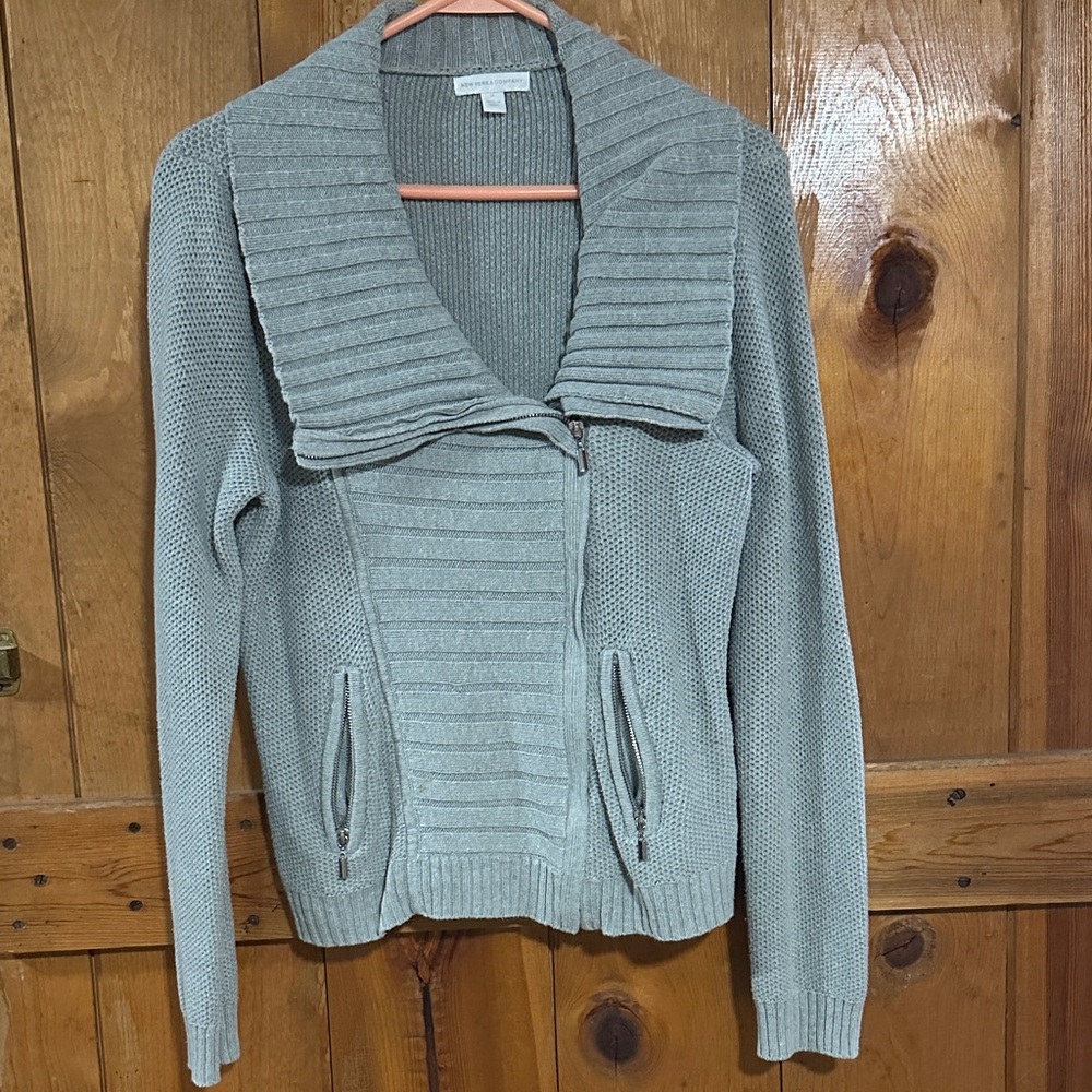 New York & Company Gray Cardigan with Zipper Accents